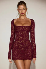 Sheer Scalloped-Lace Long-Sleeve Mini Dress in Wine Red