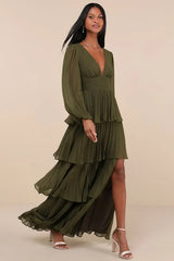 Graceful Finesse Olive Green Pleated Long Sleeve Maxi Dress