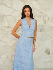 Scalloped Neckline Button-Front Eyelet Crop Top