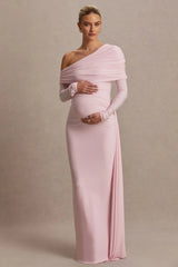 Amara | Blush Pink Asymmetric-Neck Maternity Maxi Dress With Sash Detail