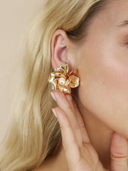Golden Petals and Pearl Stud Earrings