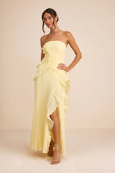 Brylee Light Yellow Pleated Ruffled Maxi Dress