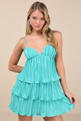 Sleek Dedication Aqua Blue Satin Plisse Cutout Tiered Mini Dress