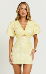 Diana Mini Dress - Jacquard Short Sleeve Cut Out Dress In Lemon