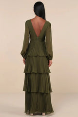 Graceful Finesse Olive Green Pleated Long Sleeve Maxi Dress
