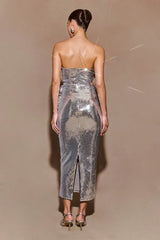 Cassia Strapless Sequin Rose Midi Dress - Silver