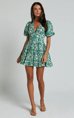 Nelli Mini Dress - Short Puff Sleeve Shirred Back Dress in Green Silhouette