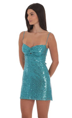 Sequin Front Twist Bodycon Dress in Aqua