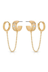 Double Piercing Bezel Crystal Dangle Earrings