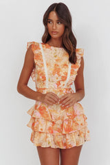 Weekend Muse Sleeveless Layered Frill Romper Flowers Yellow