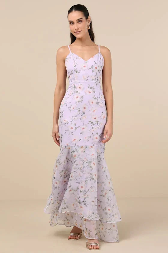 Pure Splendor Lavender Floral Organza Trumpet Maxi Dress